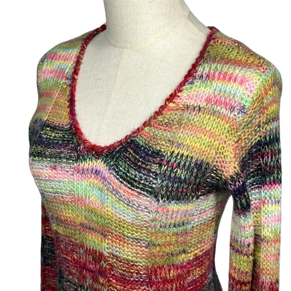 Vtg Y2K Rainbow Striped Tunic Sweater Sz S V Neck Hippie Indie Boho‎